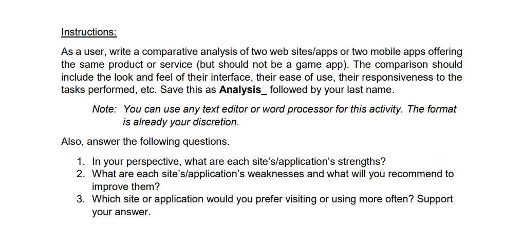 Instructions As A User Write A Comparative Analysis Of Two Web Sites Apps Or Two Mobile Apps Offering The Same Product 1