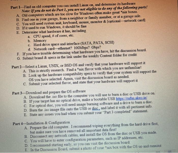 Part 1 Find An Old Computer You Can Install Linux On And Determine Its Hardware Note If You Do Not Do Part 1 You Are 1