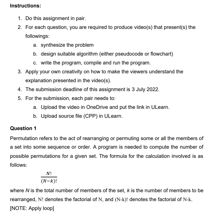 Instructions 1 Do This Assignment In Pair 2 For Each Question You Are Required To Produce Video S That Present S 1