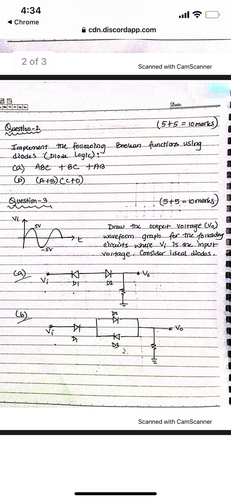 4 34 Chrome We Th Fr Sa Su 2 Of 3 Question 2 V Vi 5 5 10 Marks Implement The Following Bookan Functions Using Diod 1