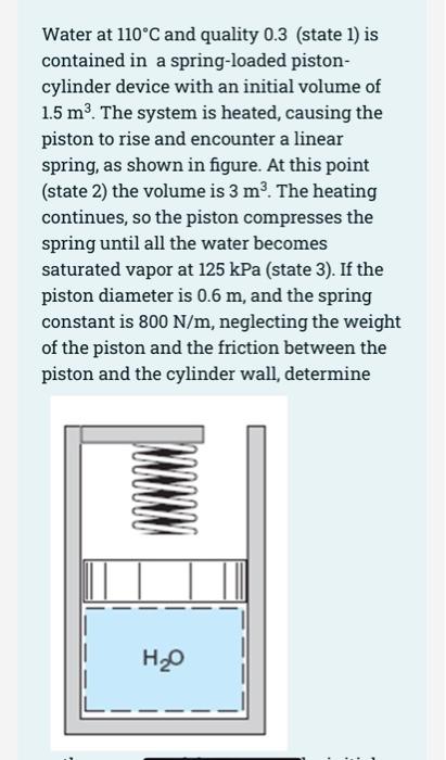 Water At 110 C And Quality 0 3 State 1 Is Contained In A Spring Loaded Piston Cylinder Device With An Initial Volume 1