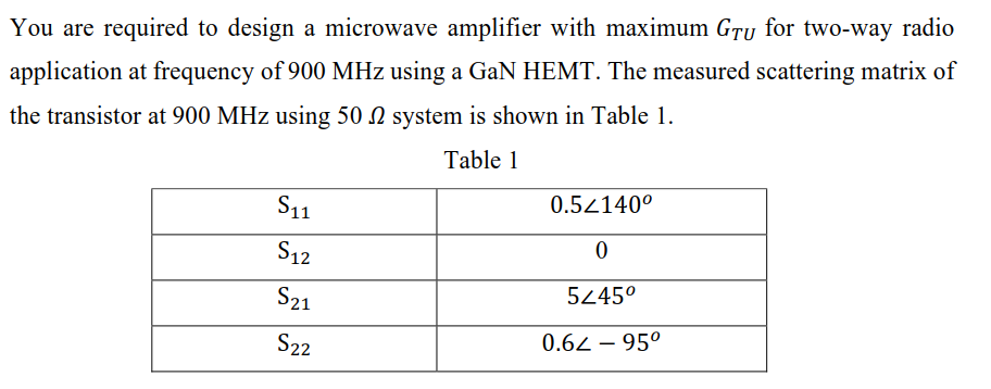 You Are Required To Design A Microwave Amplifier With Maximum Gru For Two Way Radio Application At Frequency Of 900 Mhz 1