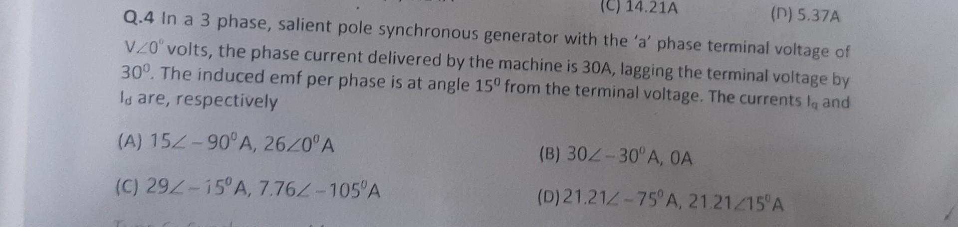 14 21a D 5 37a Q 4 In A 3 Phase Salient Pole Synchronous Generator With The A Phase Terminal Voltage Of V20 Volts 1
