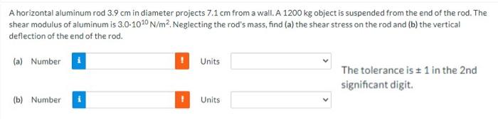 A Horizontal Aluminum Rod 3 9 Cm In Diameter Projects 7 1 Cm From A Wall A 1200 Kg Object Is Suspended From The End Of 1