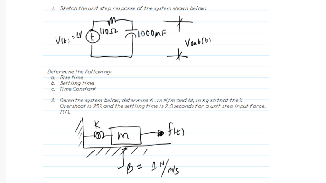 1 Sketch The Unit Step Response Of The System Shown Below Viej 11052 Determine The Following A Rise Time B Settli 1