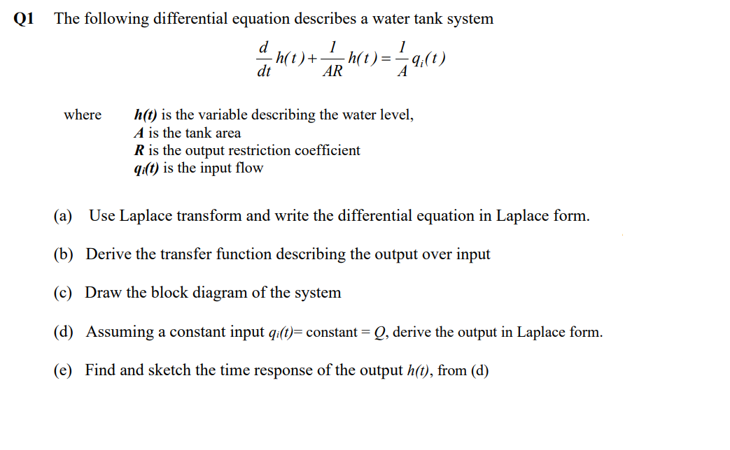 Q1 The Following Differential Equation Describes A Water Tank System 1 H T 2h T 1 9 1 Ar A Where Dt H T I 1