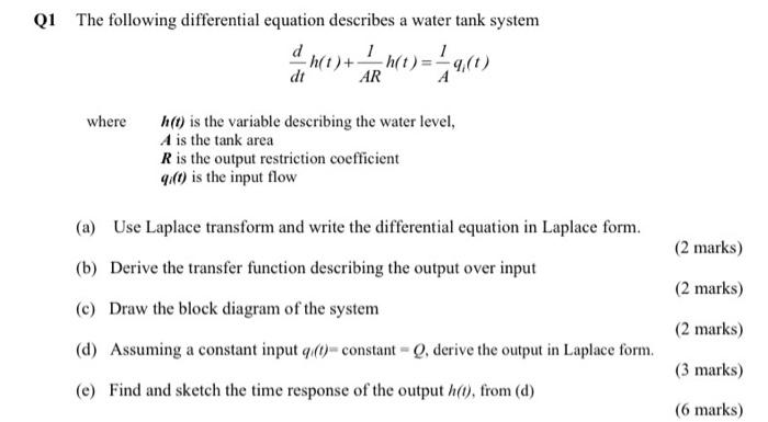 Q1 The Following Differential Equation Describes A Water Tank System 1 H T 2h T G T Dt Ar Where H T Is The Va 1