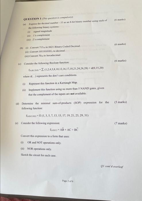 Question 1 This Question Is Compulsory A Express The Decimal Number 33 As An 8 Bit Binary Number Using Each Of The F 1