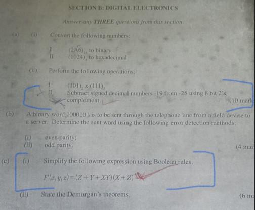 B 1 Ii E 1 Section B Digital Electronics I Convert The Following Numbers 246 To Binary 11 1024 To He 1