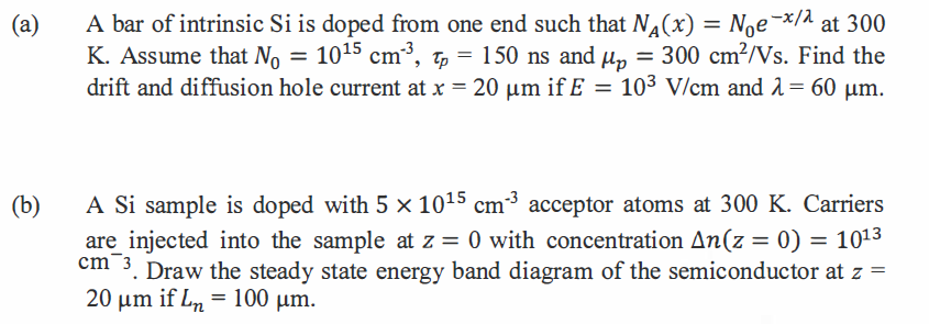 A A Bar Of Intrinsic Si Is Doped From One End Such That N X N E X At 300 K Assume That No 10 5 Cm Tp 10 5 C 1