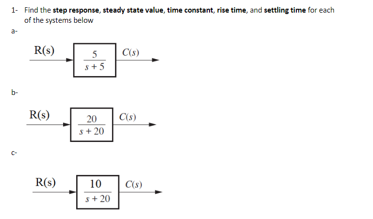 1 Find The Step Response Steady State Value Time Constant Rise Time And Settling Time For Each Of The Systems Below 1