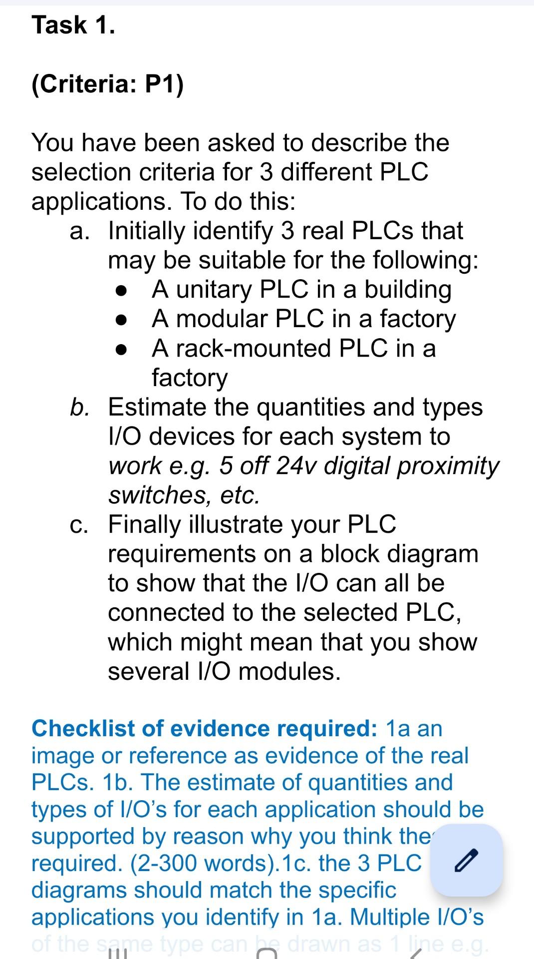 Task 1 Criteria P1 You Have Been Asked To Describe The Selection Criteria For 3 Different Plc Applications To Do Th 1