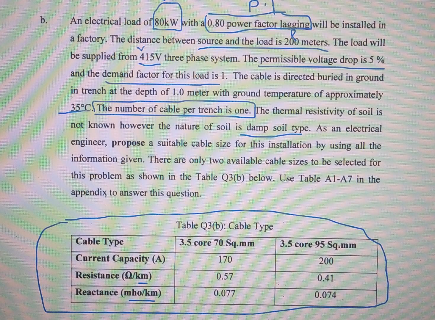B P An Electrical Load Of 80kw With A 0 80 Power Factor Lagging Will Be Installed In A Factory The Distance Between So 1