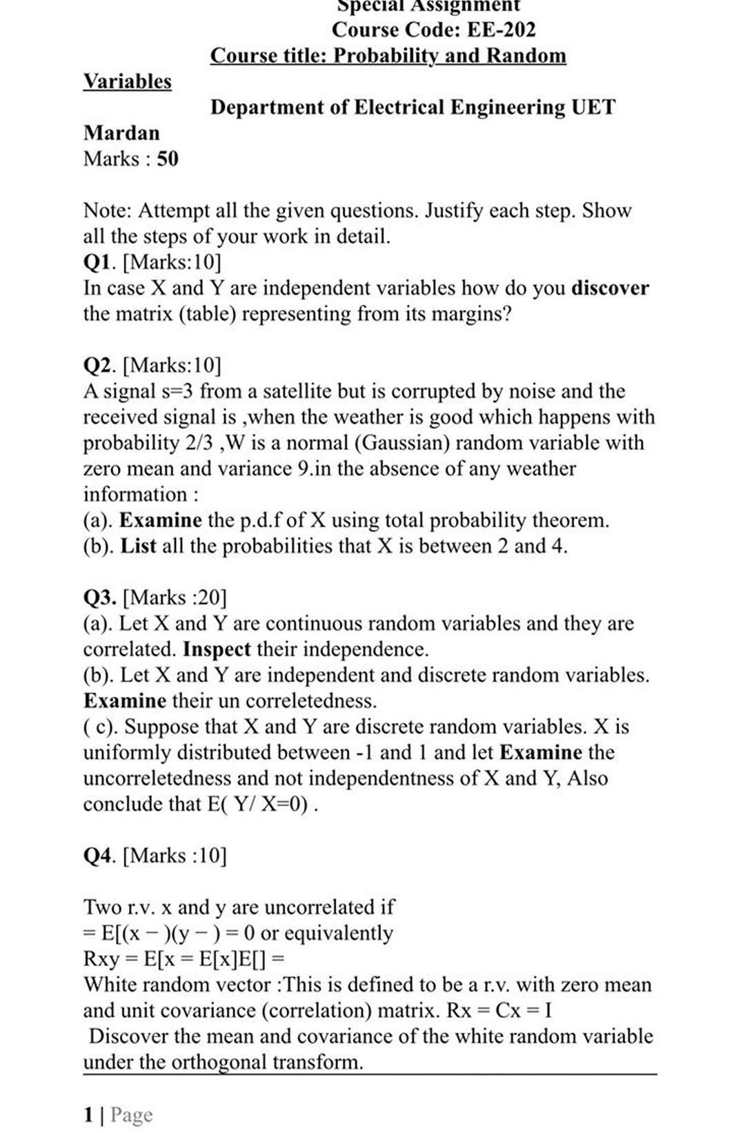 Variables Mardan Marks 50 Special Assignment Course Code Ee 202 Course Title Probability And Random Department Of El 1