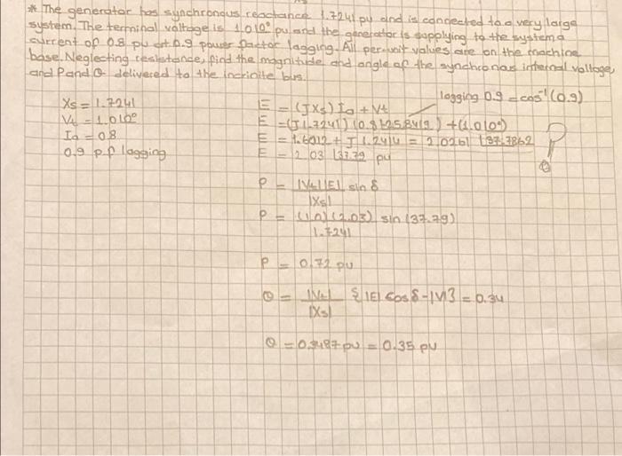 The Generator Has Synchronous Reactance 1 7241 Pu And Is Connected To A Very Large System The Terminal Voltage Is 1010 1
