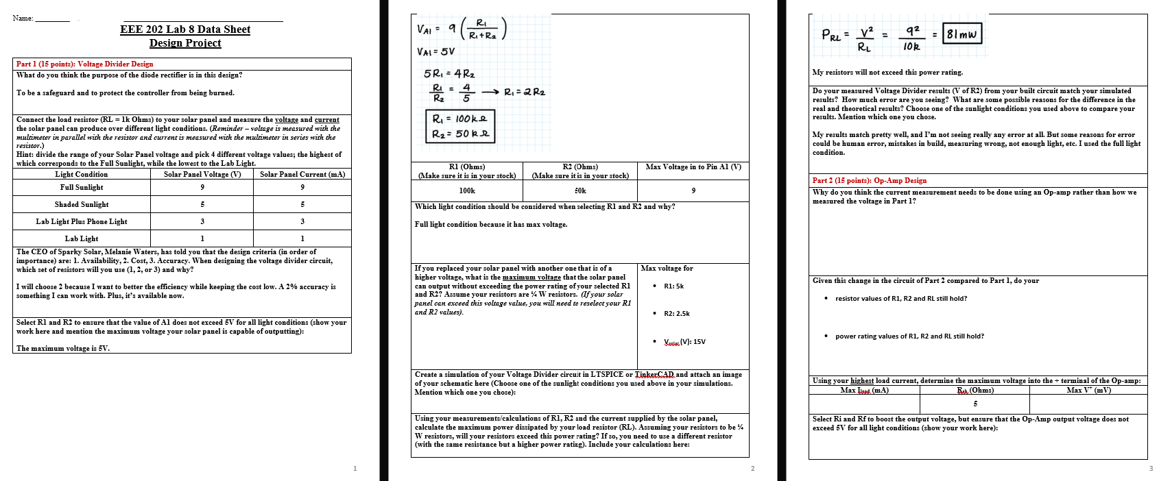 Name Eee 202 Lab 8 Data Sheet Design Project Part 1 15 Points Voltage Divider Design What Do You Think The Purpose O 1