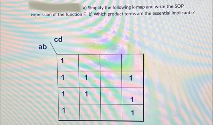 A Simplify The Following K Map And Write The Sop Expression Of The Function F B Which Product Terms Are The Essential 1