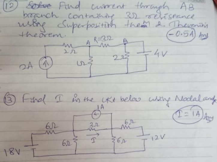 12 Sole Find Current Through Ab Branch Contathing 32 Resistance Using Superposition Them Thevenin G Theorem 0 5a An 1