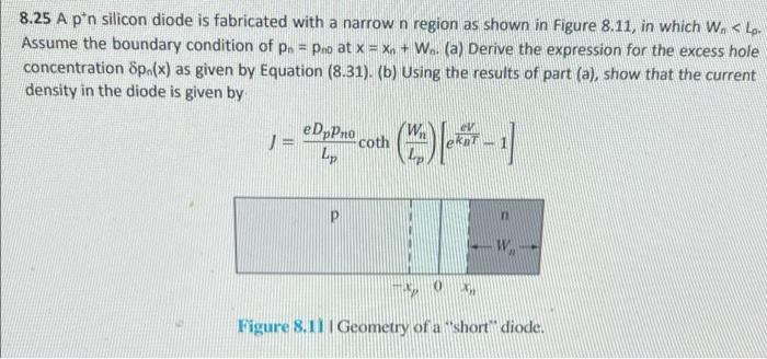 8 25 A Pin Silicon Diode Is Fabricated With A Narrow N Region As Shown In Figure 8 11 In Which Wnlp Assume The Boundar 1