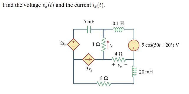 Find The Voltage V T And The Current Iz T 21x 5 Mf 192 3vx Www 892 Ww 0 1 H M 492 Ww 1x Elle 5 Cos 50t 20 V 20 1