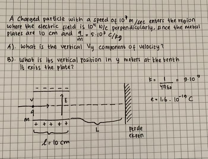 C Kg M A Charged Particle With A Speed Of Lo M See Enters The Region 10 Where The Electric Field Is 104 Nic Perpen Dicu 1
