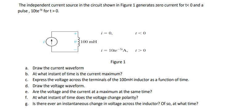 The Independent Current Source In The Circuit Shown In Figure 1 Generates Zero Current For T 0 And A Pulse 10test For 1