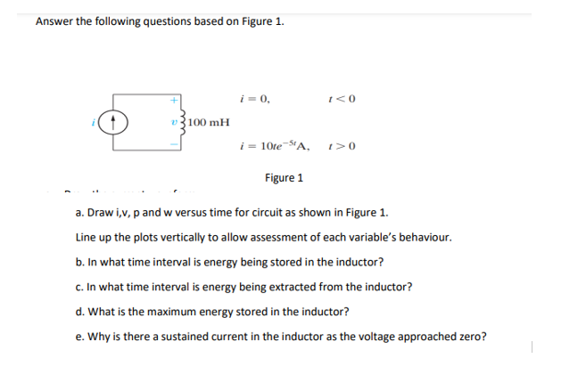 Answer The Following Questions Based On Figure 1 V 100 Mh I 0 I 10te 5 A Figure 1 1 0 1 0 A Draw I V P And W V 1