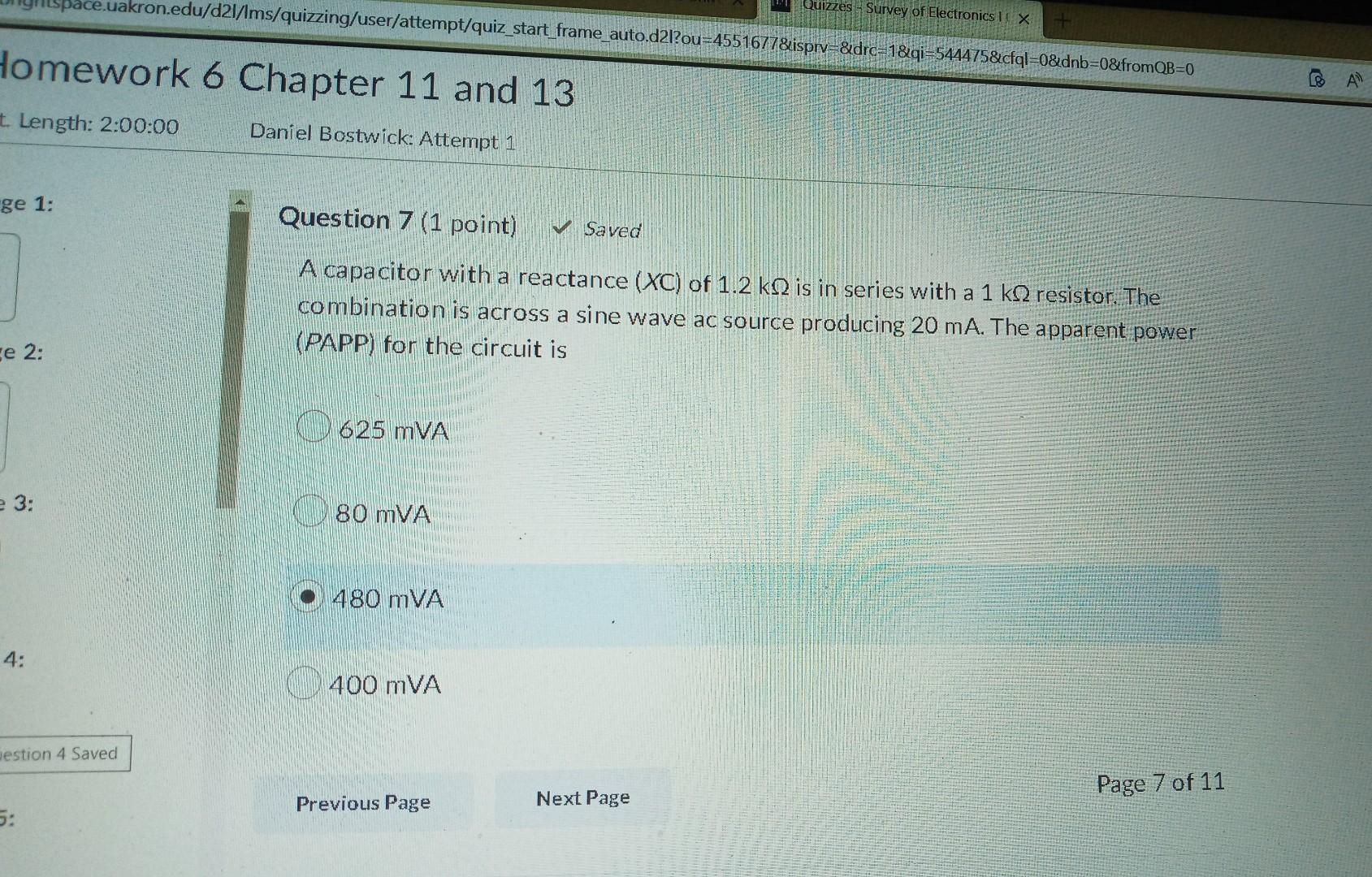 Homework 6 Chapter 11 And 13 T Length 2 00 00 Daniel Bostwick Attempt 1 Ge 1 Ce 2 E 3 4 Bace Uakron Edu D21 Lms Q 1