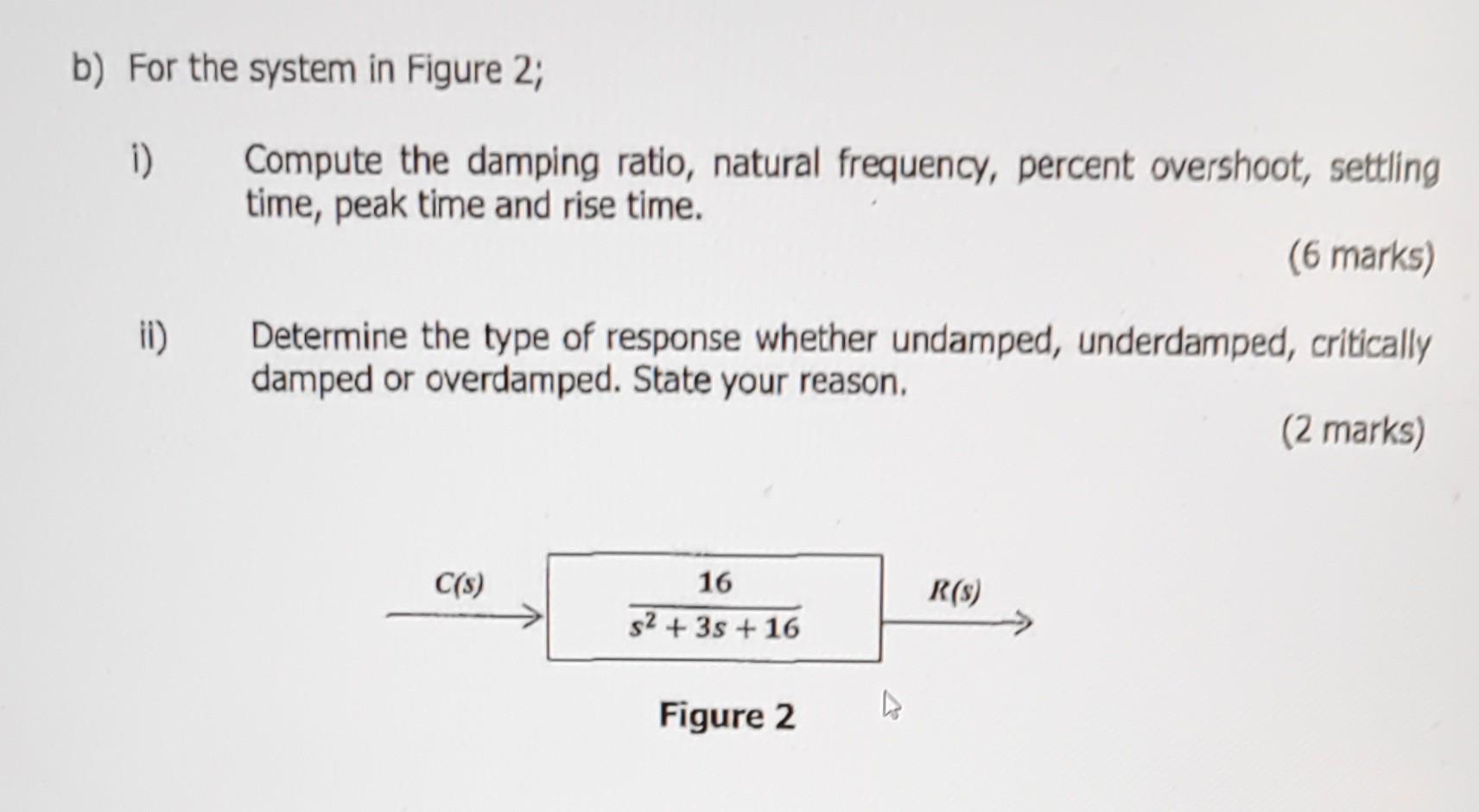 B For The System In Figure 2 I Ii Compute The Damping Ratio Natural Frequency Percent Overshoot Settling Time Pe 1