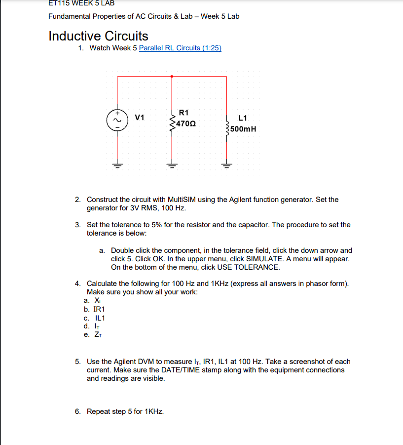 Et115 Week 5 Lab Fundamental Properties Of Ac Circuits Lab Week 5 Lab Inductive Circuits 1 Watch Week 5 Parallel Rl 1