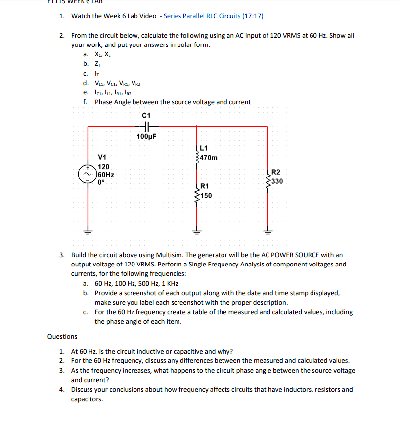 Etiis Week 6 Lab 1 Watch The Week 6 Lab Video Series Parallel Rlc Circuits 17 17 2 From The Circuit Below Calcula 1