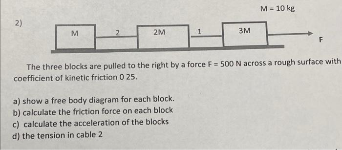 M 10 Kg 2 M 2 2m 1 3m F The Three Blocks Are Pulled To The Right By A Force F 500 N Across A Rough Surface With C 1