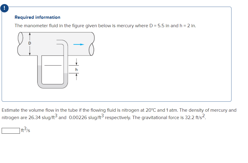 Required Information The Manometer Fluid In The Figure Given Below Is Mercury Where D 5 5 In And H 2 In H Estimate 1
