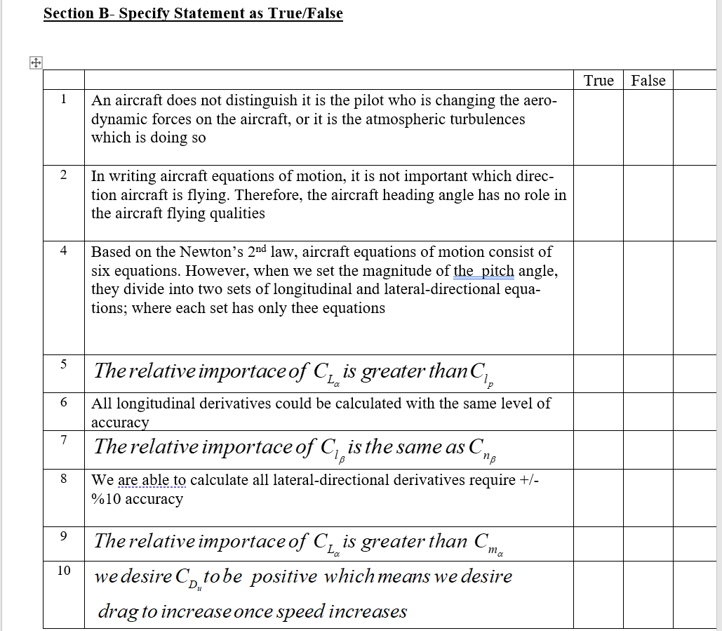 Section B Specify Statement As True False 1 2 4 5 6 7 8 9 10 An Aircraft Does Not Distinguish It Is The Pilot Who Is Cha 1