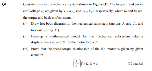 Q1 Consider The Electromechanical System Shown In Figure Q1 The Torque T And Back Emf Voltage E Are Given By T K I A 1