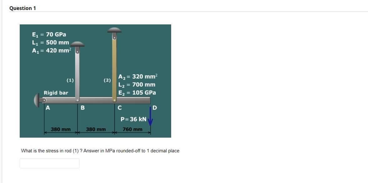 Question 1 E 70 Gpa L 500 Mm A 420 Mm 1 Rigid Bar A 380 Mm 2 380 Mm A 320 Mm L 700 Mm E 105 Gpa 1