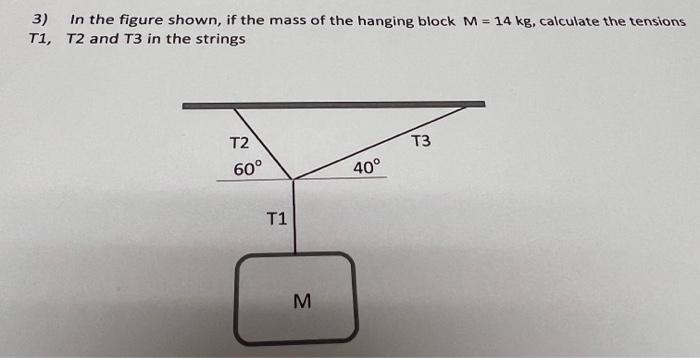 3 In The Figure Shown If The Mass Of The Hanging Block M 14 Kg Calculate The Tensions T1 T2 And T3 In The Strings 1