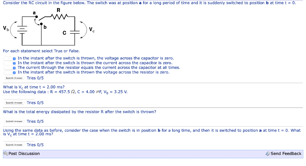 Consider The Rc Circuit In The Figure Below The Switch Was At Position A For A Long Period Of Time And It Is Suddenly S 1