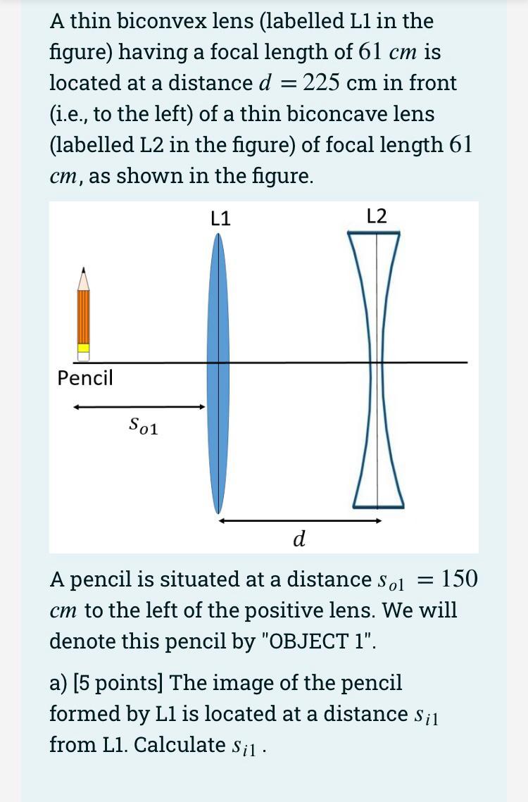A Thin Biconvex Lens Labelled Ll In The Figure Having A Focal Length Of 61 Cm Is Located At A Distance D 225 Cm In F 1