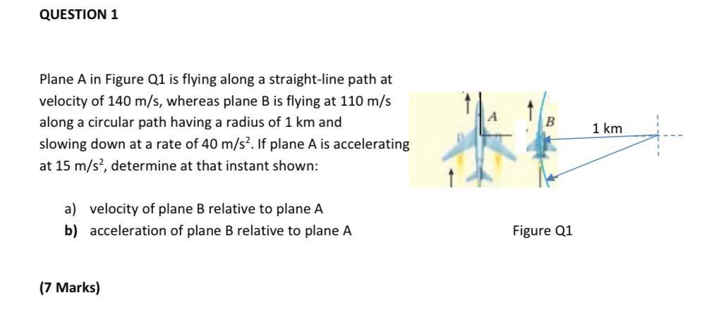 Question 1 Plane A In Figure Q1 Is Flying Along A Straight Line Path At Velocity Of 140 M S Whereas Plane B Is Flying A 1