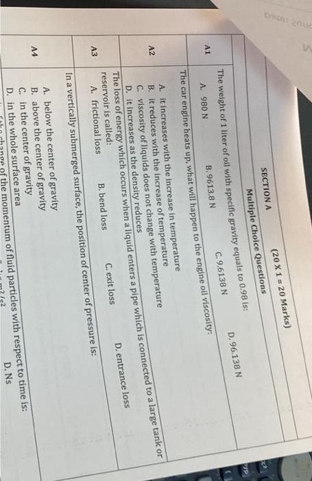 A1 A2 A3 A4 Section A A Frictional Loss 20 X 1 20 Marks Multiple Choice Questions The Weight Of 1 Liter Of Oil With 1