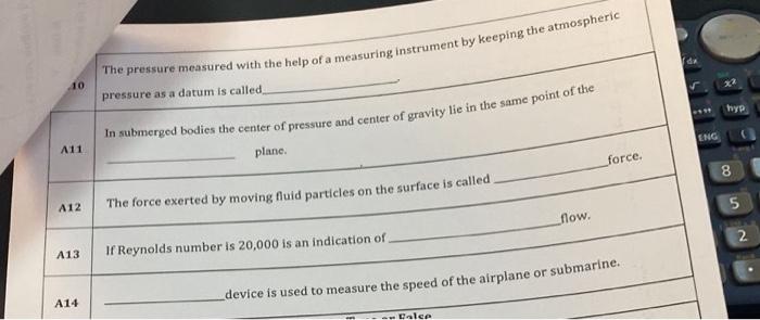 10 A11 A12 A13 A14 The Pressure Measured With The Help Of A Measuring Instrument By Keeping The Atmospheric Pressure As 1