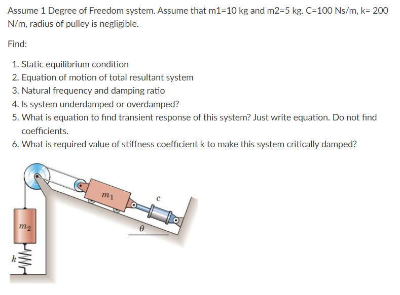 Assume 1 Degree Of Freedom System Assume That M1 10 Kg And M2 5 Kg C 100 Ns M K 200 N M Radius Of Pulley Is Negligi 1