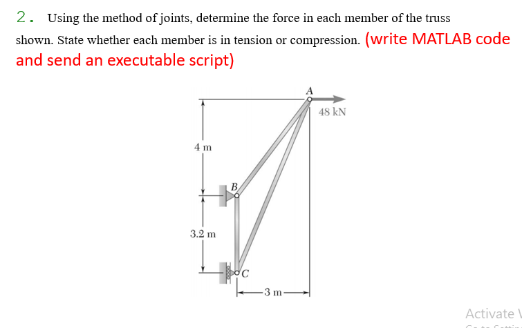 2 Using The Method Of Joints Determine The Force In Each Member Of The Truss Shown State Whether Each Member Is In Te 1