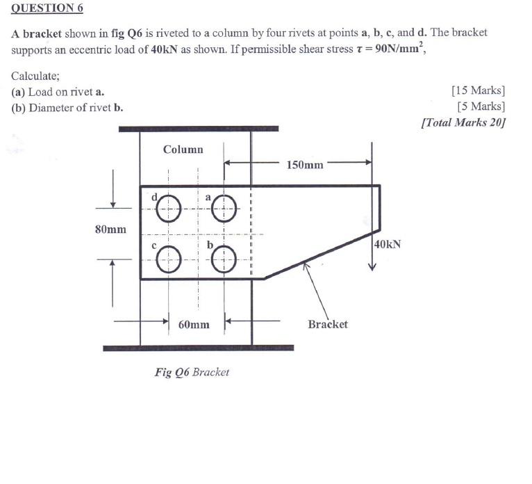Question 6 A Bracket Shown In Fig Q6 Is Riveted To A Column By Four Rivets At Points A B C And D The Bracket Support 1