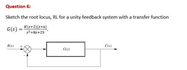 Question 6 Sketch The Root Locus Rl For A Unity Feedback System With A Transfer Function G S K S 2 S 6 S 8s 25 R S 1