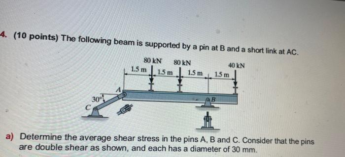 4 10 Points The Following Beam Is Supported By A Pin At B And A Short Link At Ac 80 Kn 40 Kn 80 Kn 1 5 M 30of 1 5 M 1