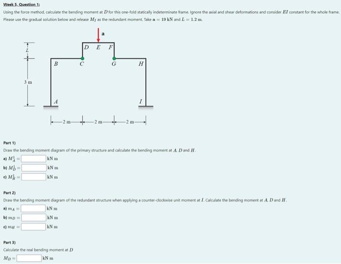 Week 5 Question 1 Using The Force Method Calculate The Bending Moment At D For This One Fold Statically Indeterminate 1