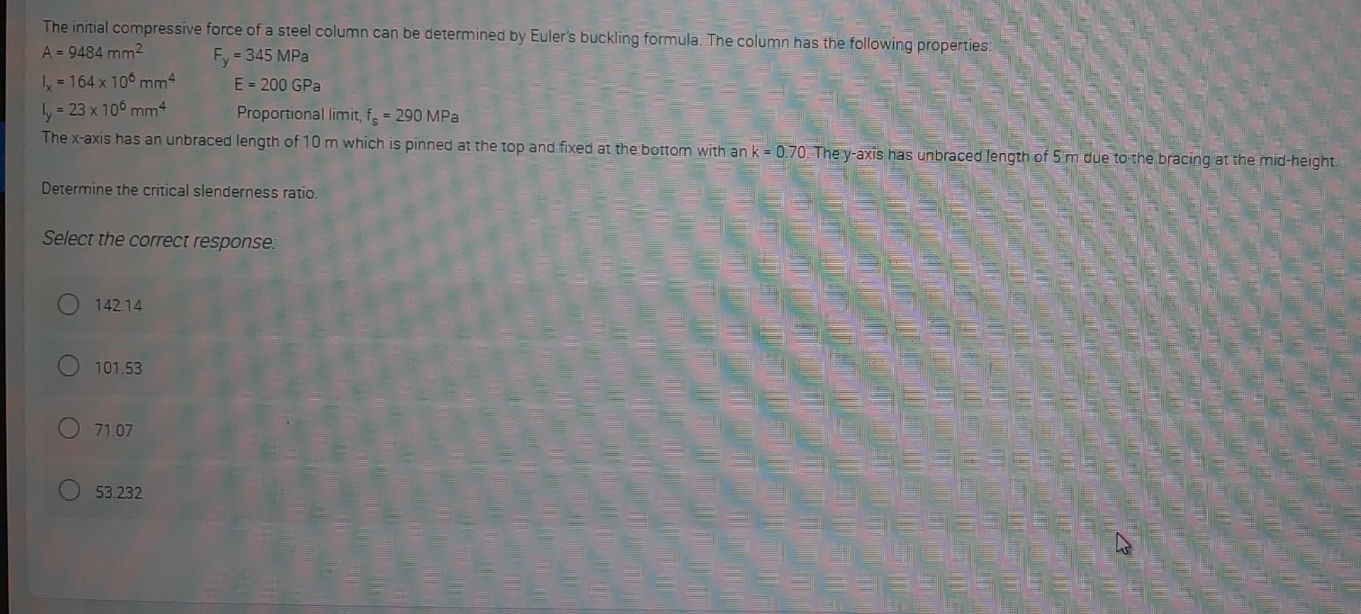 The Initial Compressive Force Of A Steel Column Can Be Determined By Euler S Buckling Formula The Column Has The Follow 1