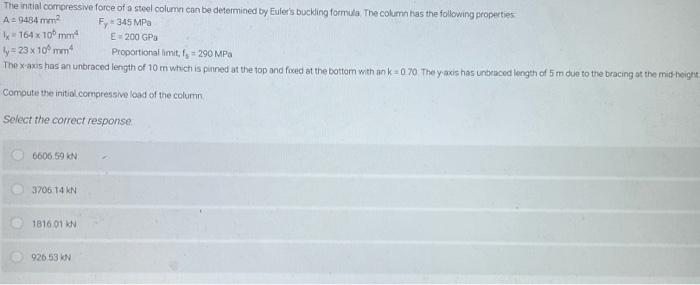 The Initial Compressive Force Of A Steel Column Can Be Determined By Euler S Buckling Formula The Column Has The Follow 1